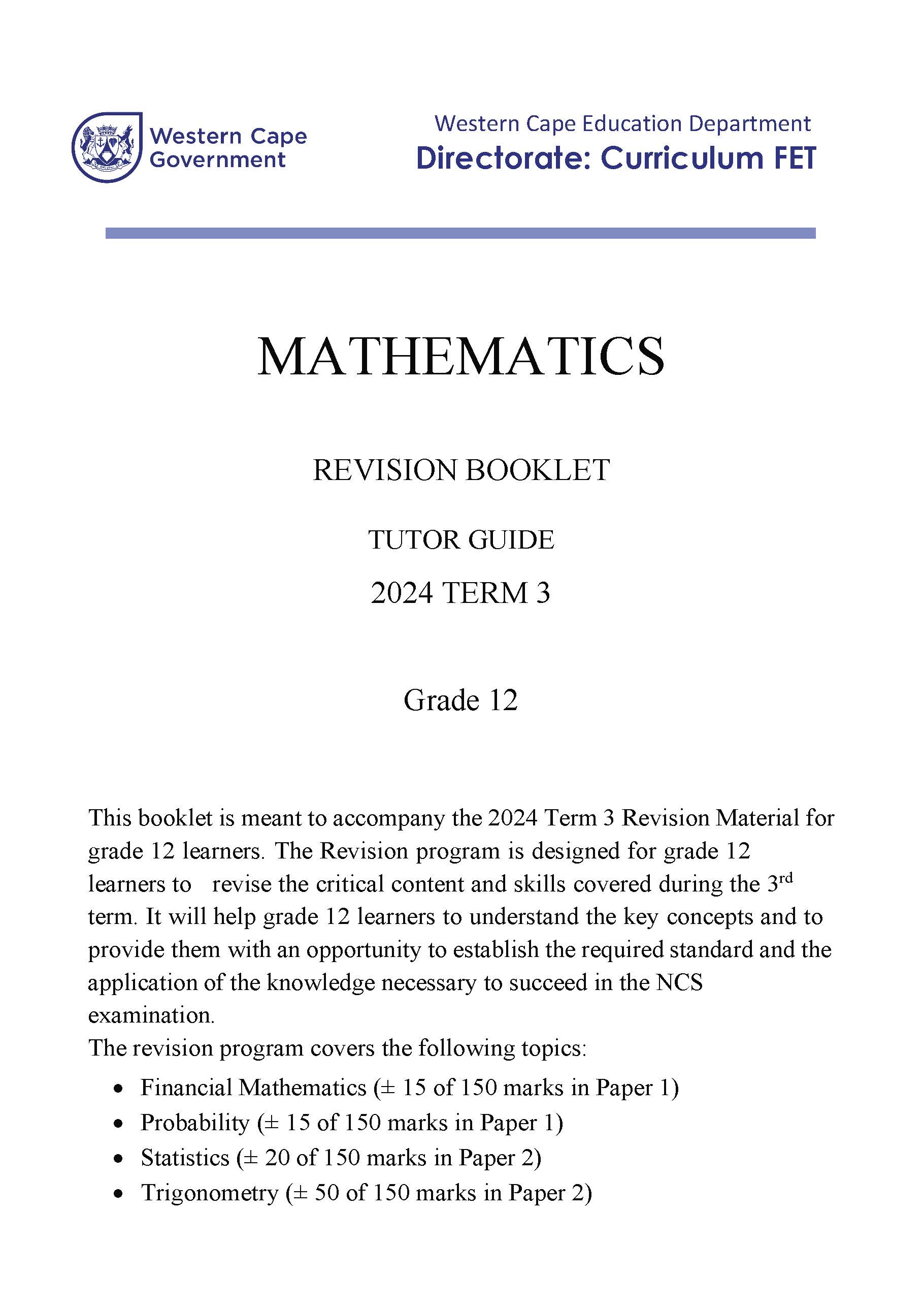 Gr 12 Mathematics Tutor Guide T3 2024 Wced Eportal